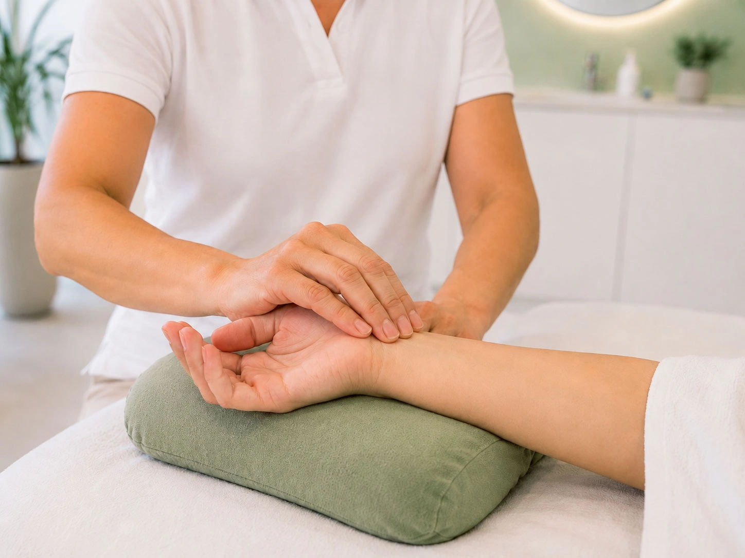 Therapeut ertastet den Puls am Handgelenk einer Patientin im Akupunktur Zentrum Langenthal